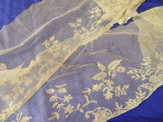 A Huge Antique Victorian Tambour Lace Flounce On Tulle C.  1870