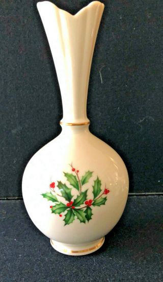Vintage Lenox Christmas Holly Fluted Top 8 " Porcelain Ivory Bud Vase