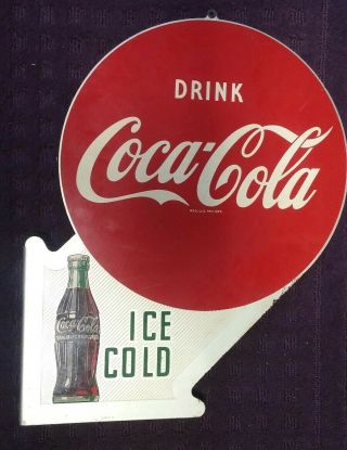 Vintage Coca Cola 1952 Flange Ice Cold Drink Double Side Metal Wall Sign 22 " X18 "
