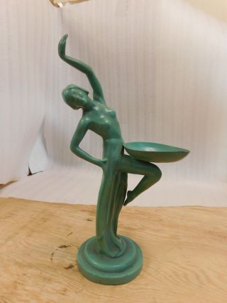 Antique Green Painted Bronze Art Deco Dancing Lady Figure Tray Statue Figurine