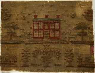 Mid 19th Century Cut Down Red House,  Garden,  Beehive & Motif Sampler - 1842