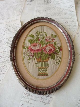 Wonderful Framed Antique 19th Century Lyon Silk Brocade Flowers & Basket