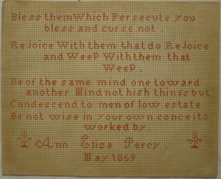 Mid 19th Century Red Stitch Work Punch Paper Sampler By Ann Eliza Percy - 1859