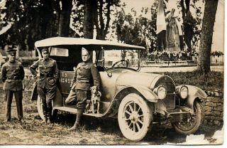 63301.  Vintage Wwi Rppc Photo Us Army Officers W/ Staff Car,  Driver & Mascot Dog