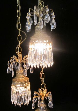 3lt Vintage Rococo Hanging Swag Plugin Lamp Chandelier Spelter Brass Plated Tole