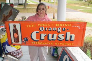 Large Vintage 1948 Orange Crush Soda Pop Gas Station 47 " Embossed Metal Sign