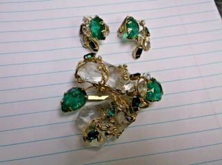 Vintage Unsigned Schreiner Huge Cut Stones Rhinestones Brooch Pin & Earrings Set