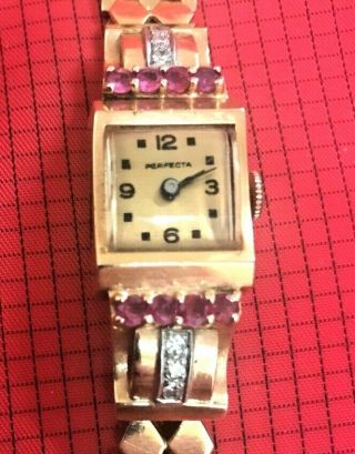Vintage Ladies 14k Rose Gold Diamond And Ruby " Perfecta " Watch
