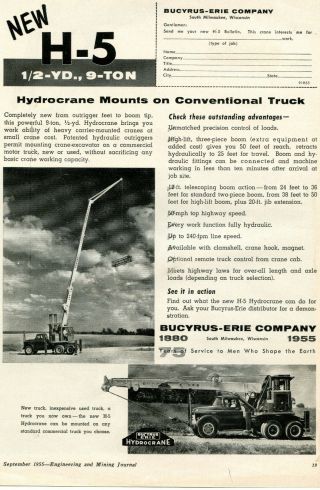 1955 Bucyrus - Erie Hydrocrane Ad Truck Crane