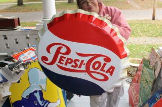Vintage 1950s Pepsi Cola Soda Pop Bottle Cap Gas Station 29 " Embossed Metal Sign