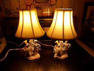 Vintage Miniature Lamps German Porcelain Man And Woman Classical
