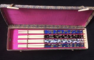 4 Vintage Chinese Bone Chopsticks Cloisonne Enamel Gold Outline Flower Inlay Box
