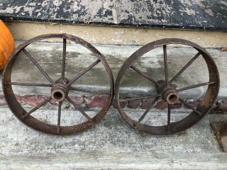 Vtg Pair Antique 17” Cast Iron Spoke Farm Wagon Wheels Industrial