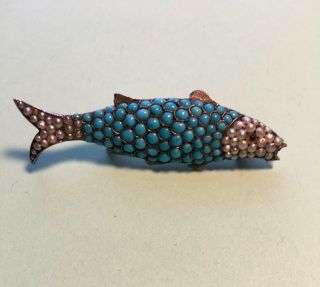 Antique Victorian Turquoise Seed Pearl Fish Brooch Gold Pin