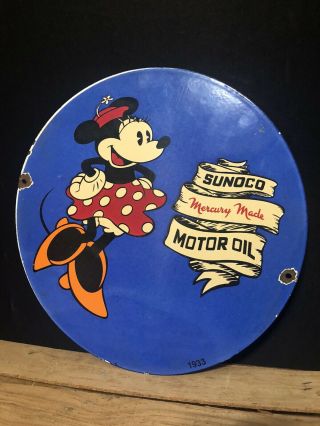 Vintage Sunoco Motor Oil Porcelain Sign Disney Minnie Mouse Pump Plate Marked 33