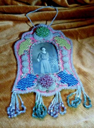 Antique Handsewn And Beaded Native American Picture Frame 1912