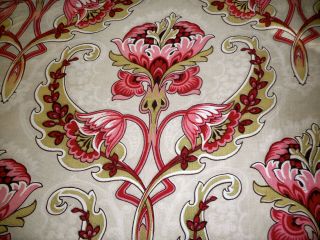 Antique French Art Nouveau Acanthus Artichoke Floral Fabric Red Pink Olive