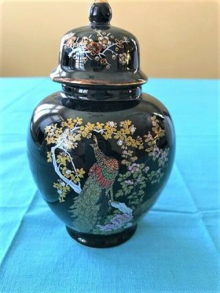 Collectible Asahi Black Porcelain Ginger Jar Peacock & Flowers Gold Trim