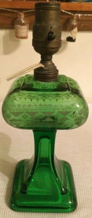 Old Emerald Green Oil Lamp With Pattern On Font And Square Base