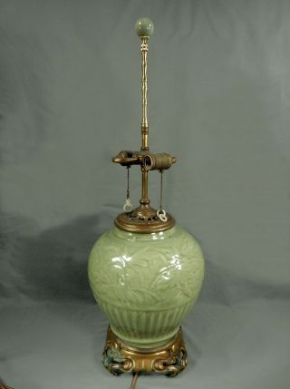 Antique Vintage Chinese Longquan Style Celadon Porcelain Vase Lamp W/ Jade Pulls