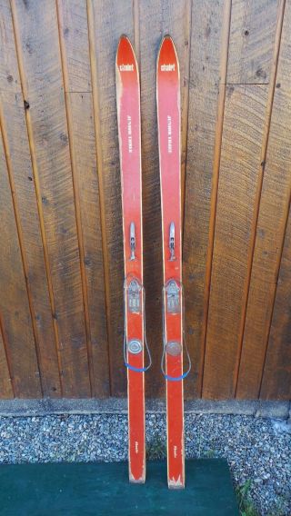 Interesting Old Red Skis 65 " Long With Metal Bindings Signed Chalet Junior Three