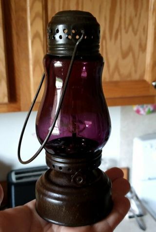 Antique Skaters Lantern Lamp Purple Amethyst Glass Globe Embossed Number 4