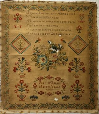 Mid 19th Century Floral Spray,  Motif & Verse Sampler By Jane Milnes Aged 11 1845