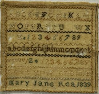 Very Small Early/mid 19th Century Alphabet Sampler By Mary Jane Rea - 1839