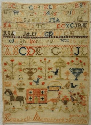 Mid 19th Century Red House,  Horse & Motif Sampler By Elizabeth Armstrong - 1852