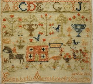 MID 19TH CENTURY RED HOUSE,  HORSE & MOTIF SAMPLER BY ELIZABETH ARMSTRONG - 1852 3