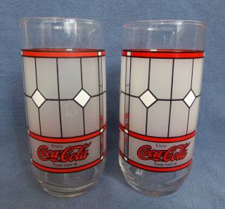 2 Vintage Enjoy Coca - Cola Coke Glasses - Frosted Stained Glass With Diamonds