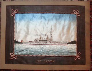 Ca 1900 Silk On Silk American Battleship Image Uss Oregon,