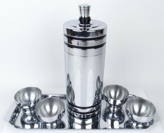 Vintage Art Deco Chase Chrome Cocktail Shaker W/ Four (4) Cups