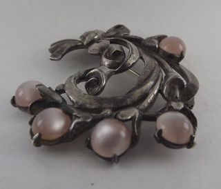 Vintage Sterling Silver Cabochon Moonstone Brooch Sweater Pin Floral Pattern