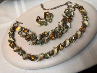 Vtg Coro Parure Gold Leaf Amber Green Rhinestone Set Necklace Bracelet Earrings