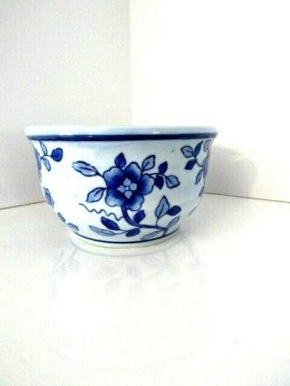Vintage Blue & White Asian Flower Pot Vase Planter 41/4 " Opening By 31/2 " Tall