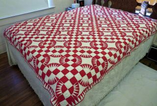 Antique 1900 ' s Handmade Hand Stitched Red & White York Beauty Quilt - 80x65 2