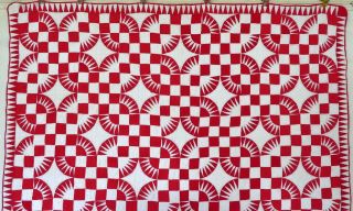 Antique 1900 ' s Handmade Hand Stitched Red & White York Beauty Quilt - 80x65 3