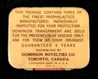 Vintage DOMINION TRANSPARENT CONDOM PROPHYLACTIC Rare Old Advertising Tin 1950s 2