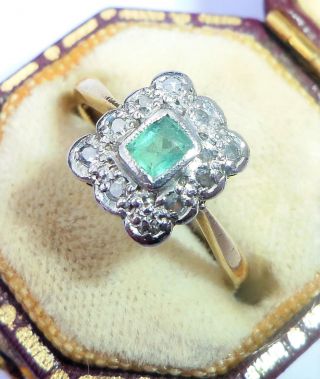 Antique Art Deco 18ct Gold,  Platinum,  Emerald & Diamond Ring,  Size J 1/2