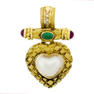 Vintage 14k Yellow Gold Mabe Pearl Ruby Emerald & Diamond Heart Enhancer Pendant