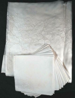 Vintage Madeira Wht Wrk App On Organdy Linen 104 " Oblong Tablecloth W/11 Napkins