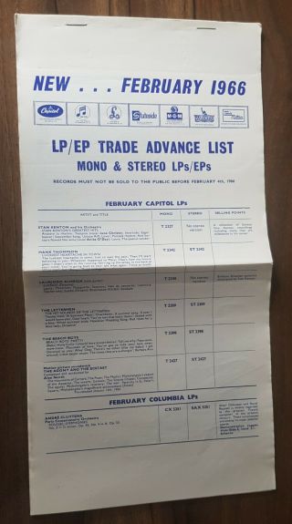 Feat The Beatles - Feb 1966 - Lp/ep Trade Advance List Mono & Stereo Lps/eps