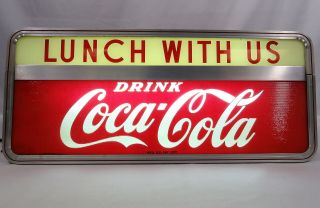 Vintage 1950s Coke Coca Cola Lighted Light - Up Lunch With Us Glass Metal Sign 2