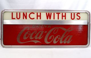 Vintage 1950s Coke Coca Cola Lighted Light - Up Lunch With Us Glass Metal Sign 3