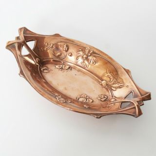 Danish Art Nouveau Copper Dish Tray Basket Handle Floral Poppy Buds Arts Crafts