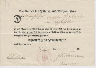 1914/1918 Honor Cross With Swords Award Certificate To A Soldier From Herford
