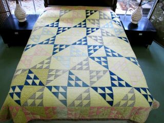 Vintage Hand Pieced & Quilted Feed Sack Birds In Air Pinwheel Quilt; 90 " X 80 "