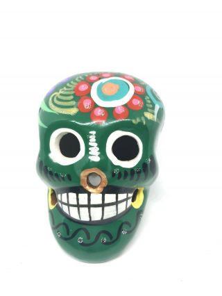 Ceramic Sugar Skull Day Of The Dead Calavera Dia De Muertos 3”x3”x2.  5” Green