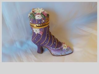 Ceramic Victorian Shoe Boot Purple Floral Grapes Trinket Box 4 " Rhinestones Exc.